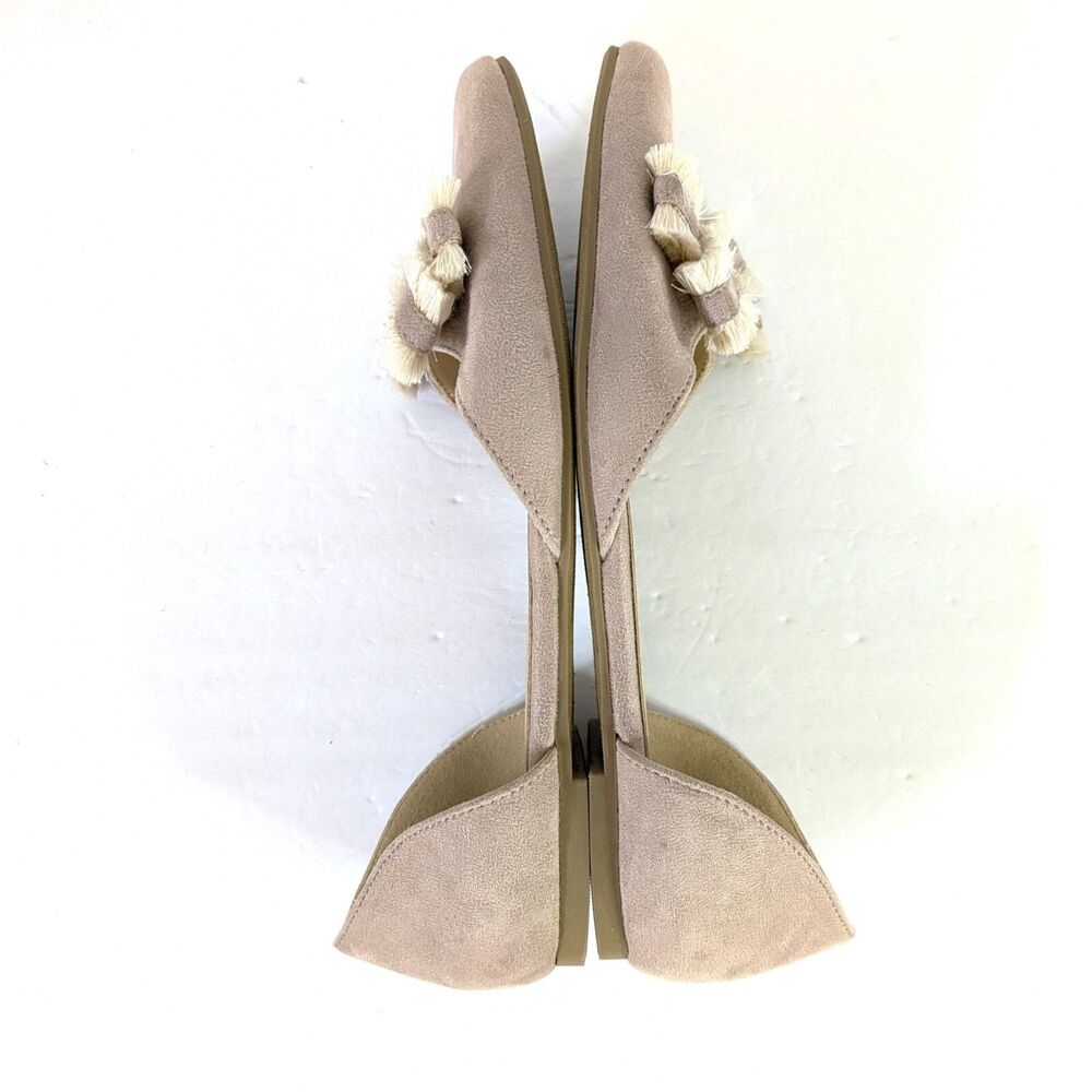Restricted Flats 8.5 Taupe Faux Suede Pointed Toe Ribbon Fringe Shoes Boho - Picture 4 of 12